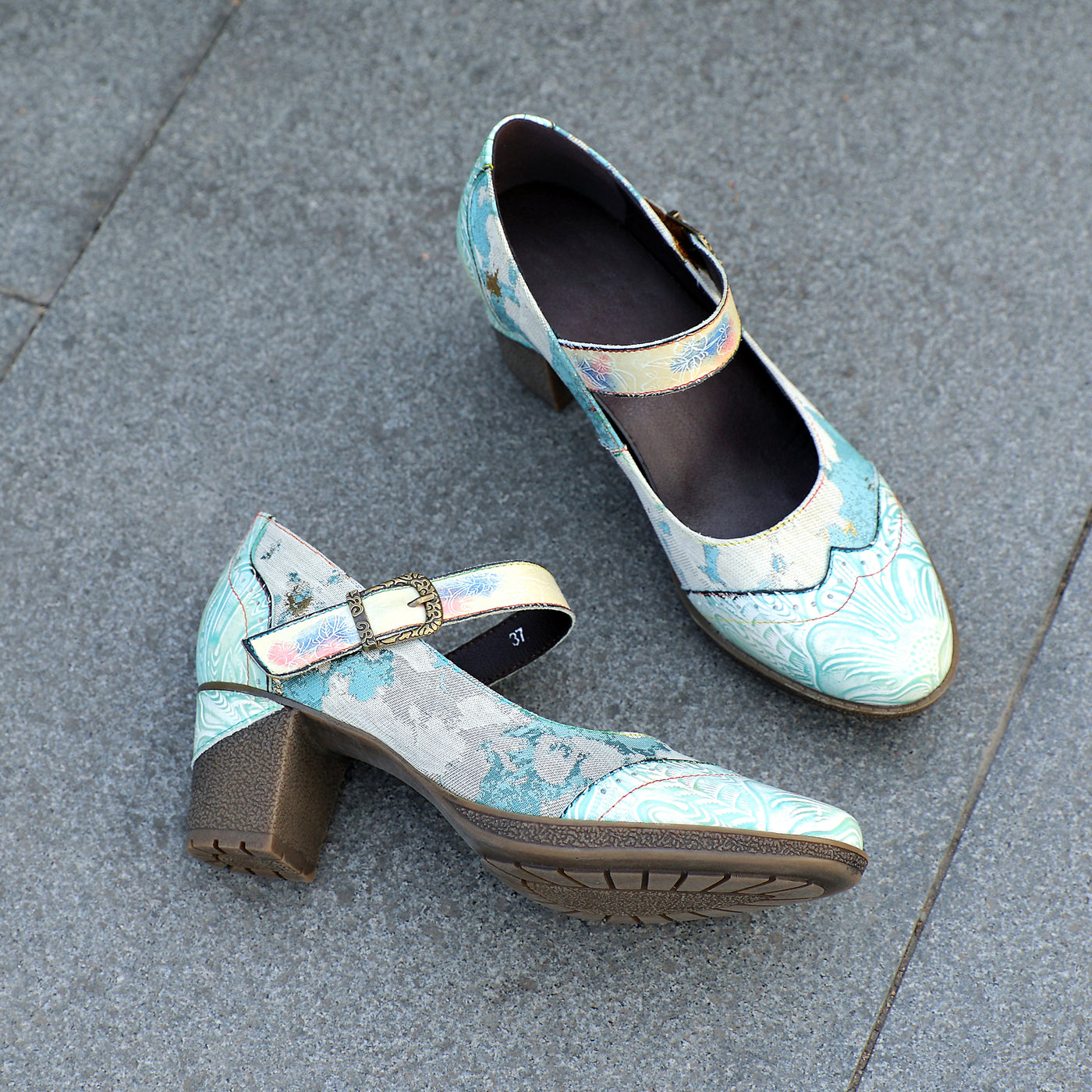 Lady's Heels Handmade Shoes Wedding Party Elegant Vintage Leather Buckle Light Blue Pumps