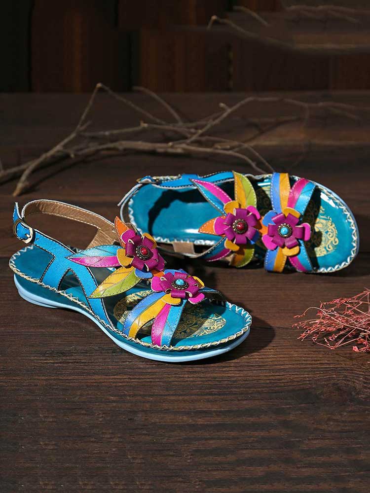 Vintage Embossing Flowers Leather Stitching Sandals