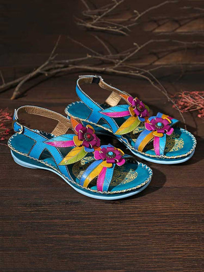 Vintage Embossing Flowers Leather Stitching Sandals