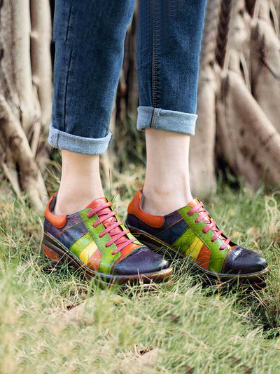 Casual Lace Up Loafers Shoes Women's Leather Comfy Flats