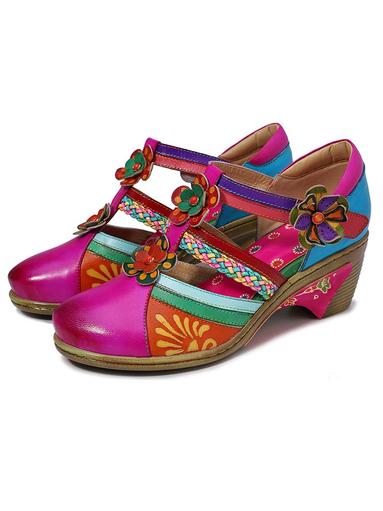 Women Bohemian Leather Printing Stitching Non-slip Breathable Sandals