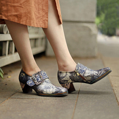 Square Toe Hand-painted Leather Pumps