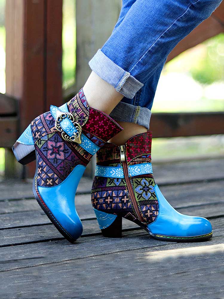 Genuine Leather Handmade Jacquard Ankle Boots
