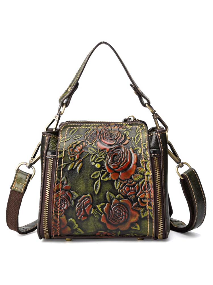 Retro Roses Leather Zipper Bag