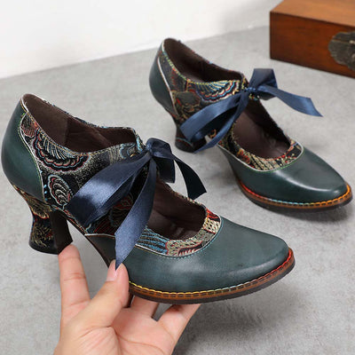 Zapatos de cuero hechos a mano para mujer Bombas florales bordadas 