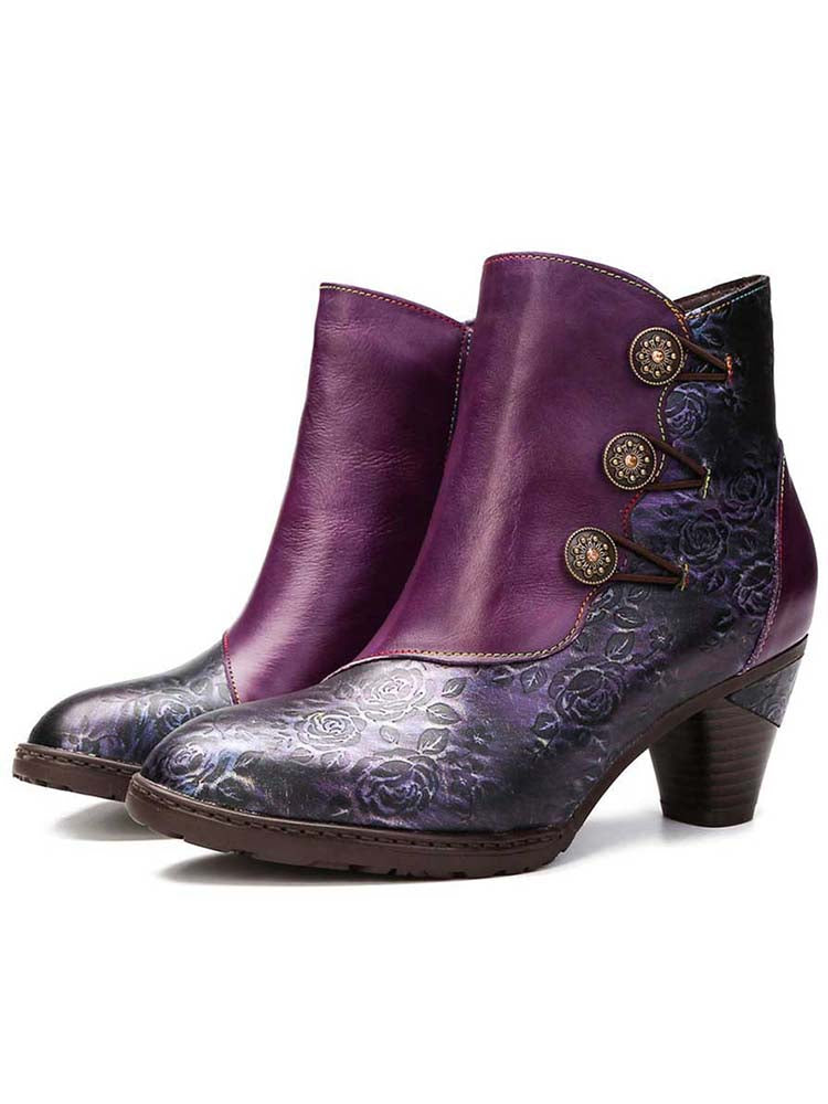 Retro Handmade Floral Stitching Button Boots