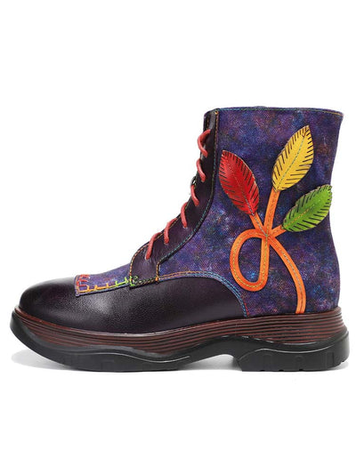 Retro Leather Patchwork Flower Casual Comfort Ankle Boots