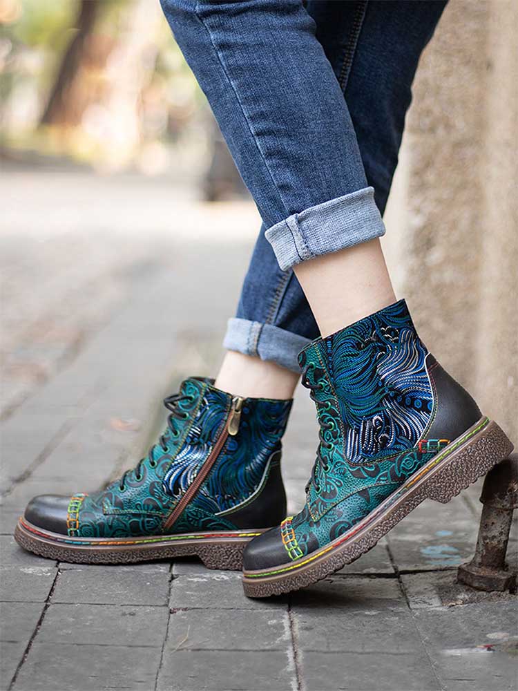 Retro Stitching Low Heel Ankle Boots