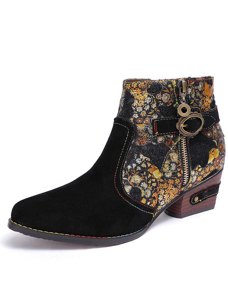 Retro Handmade Leather Flowers Pattern Ankle Boots