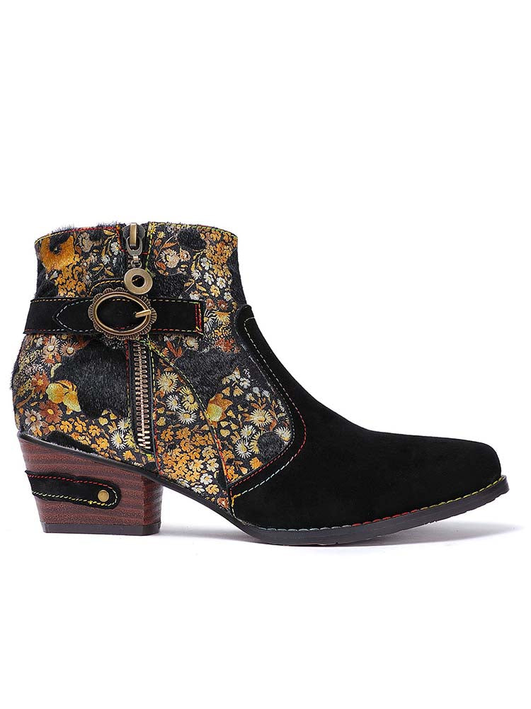 Retro Handmade Leather Flowers Pattern Ankle Boots