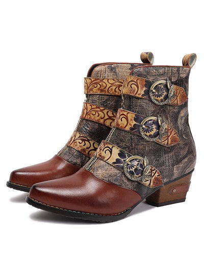 Indigo Vintage Embossed Buckle Leather Boots