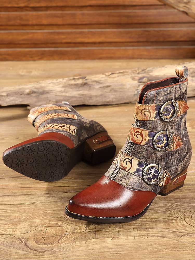 Indigo Vintage Embossed Buckle Leather Boots