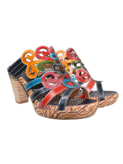 Sandalias de tacón retro multicolor hechas a mano 