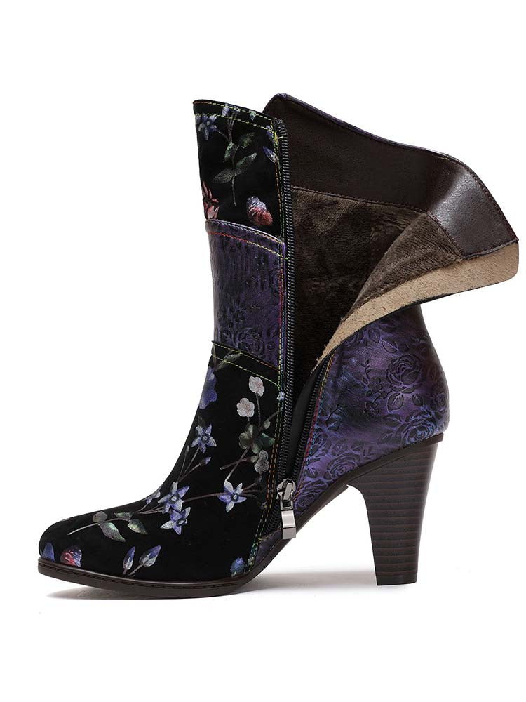 Botas de tacón alto Zapatos de mujer Botas hechas a mano florales de cuero genuino 