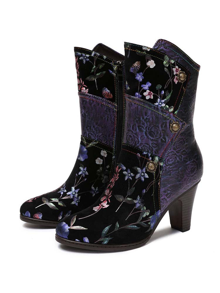Botas de tacón alto Zapatos de mujer Botas hechas a mano florales de cuero genuino 