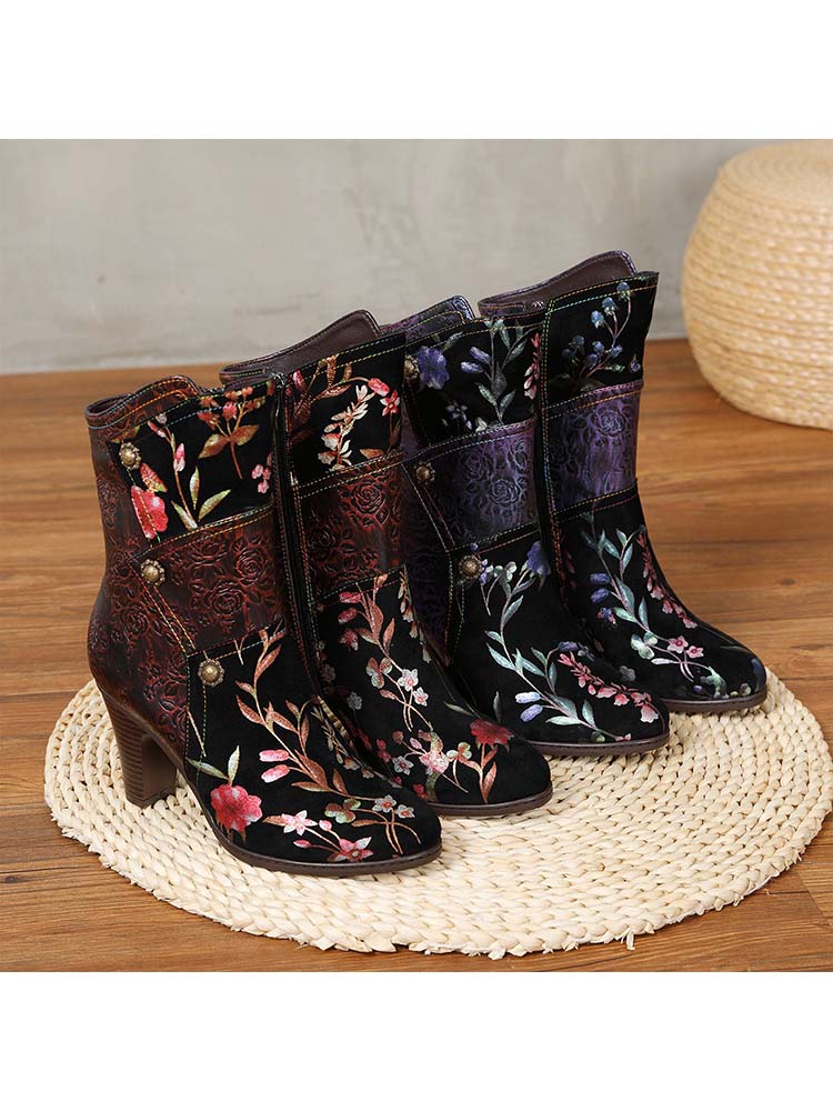 Bottes à talons hauts Chaussures pour femmes Bottes faites à la main à fleurs en cuir véritable 