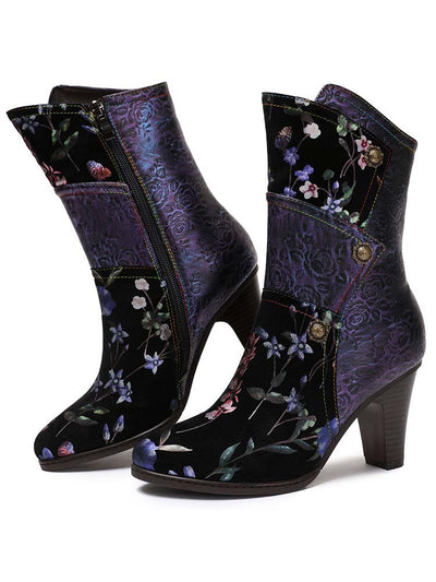 Bottes à talons hauts Chaussures pour femmes Bottes faites à la main à fleurs en cuir véritable 