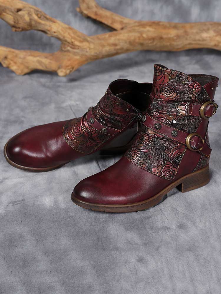 Retro Painted Buckle Flat Boots