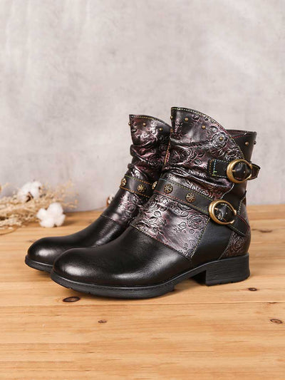 Retro Painted Buckle Flat Boots