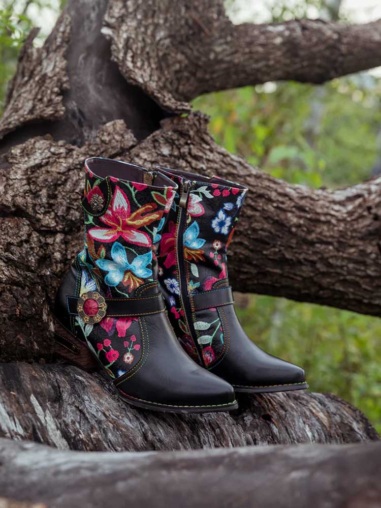 Seraphina Floral Leather Handmade Booties