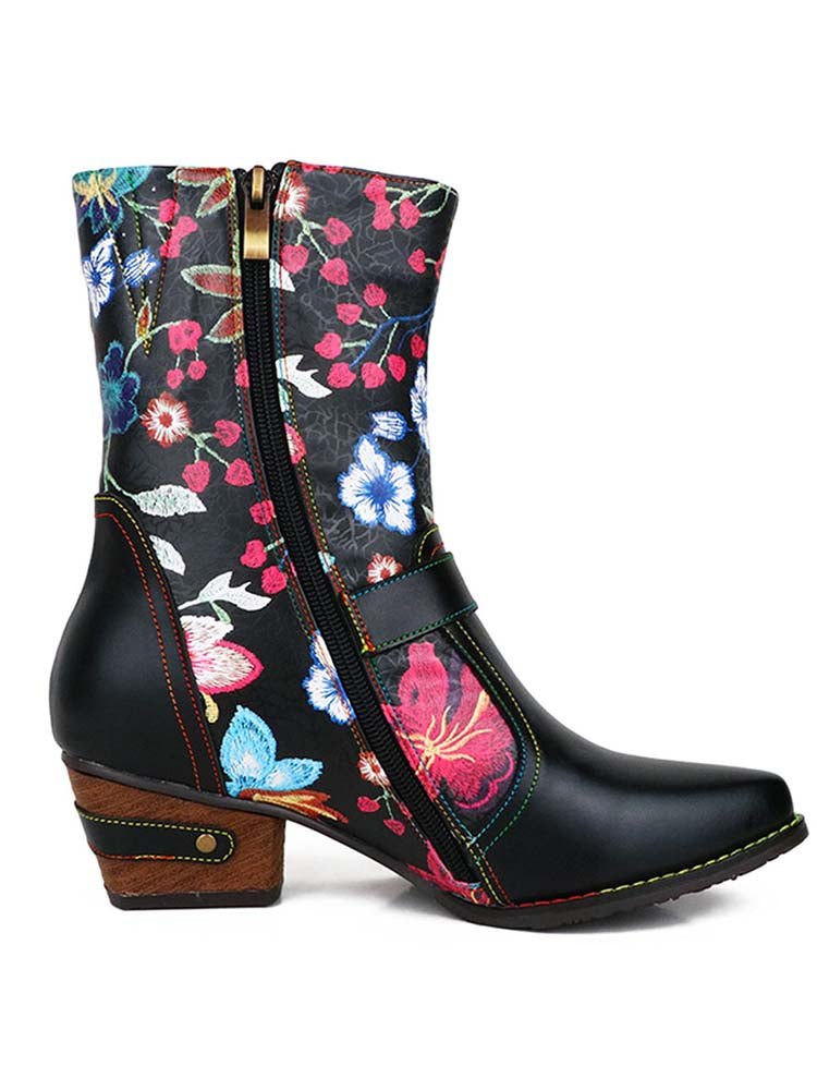 Seraphina Floral Leather Handmade Booties