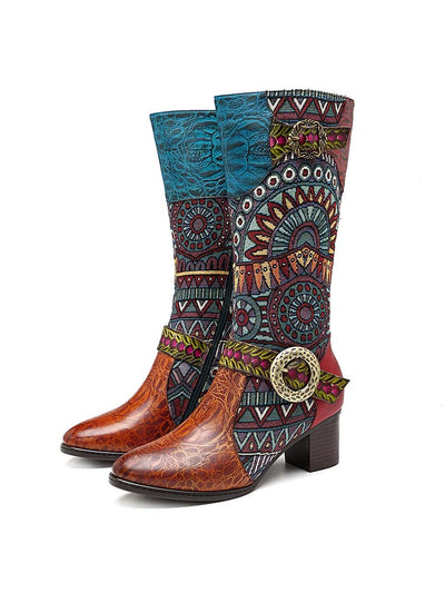 Bohemian Leather Splicing Pattern High Tube Boots