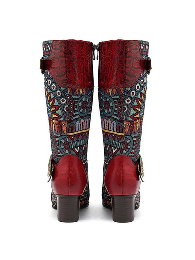 Bohemian Leather Splicing Pattern High Tube Boots