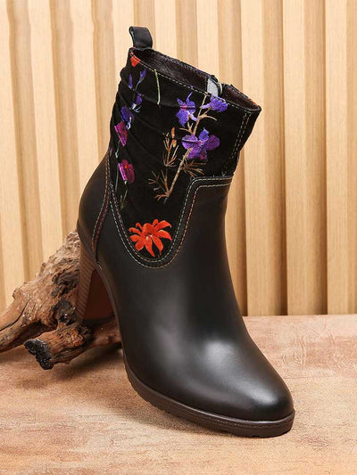 Chaussures plates à fleurs en cuir faites à la main 