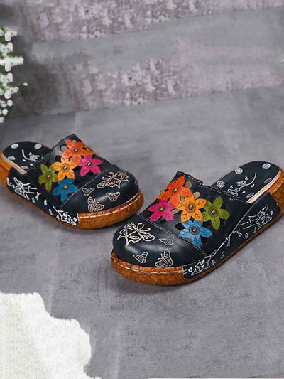 Pantoufles florales en cuir véritable à l'extérieur des sandales à plateforme d'été 