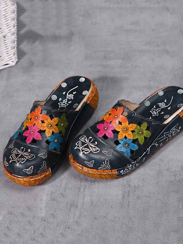 Genuine Leather Floral Summer Platform Sandals