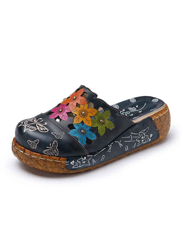 Pantoufles florales en cuir véritable à l'extérieur des sandales à plateforme d'été 