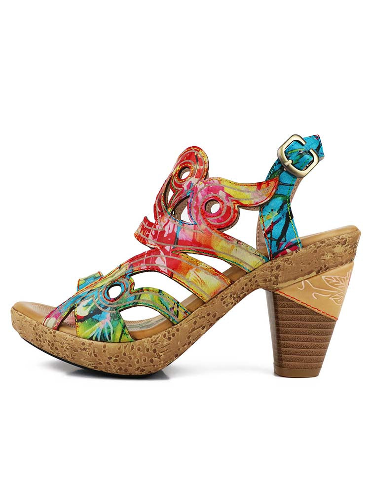 Sandalias de mujer Sandalias de plataforma pintadas a mano con correa de hebilla de cuero genuino 
