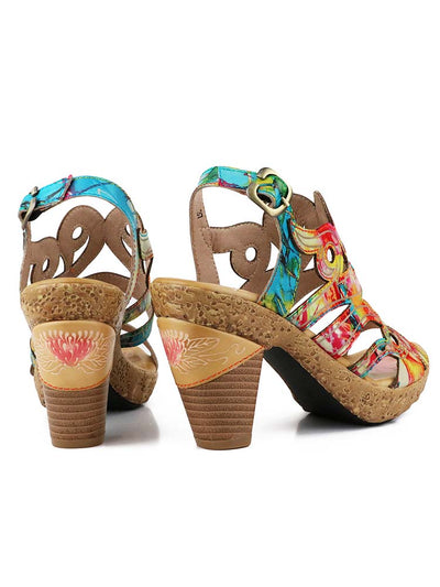 Sandalias de mujer Sandalias de plataforma pintadas a mano con correa de hebilla de cuero genuino 