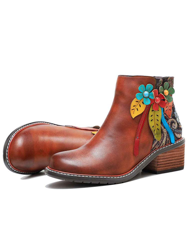 Handmade Floral Leather Flat Ankle Boots