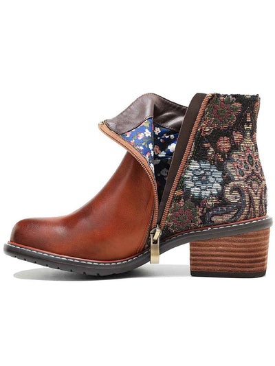 Handmade Floral Leather Flat Ankle Boots