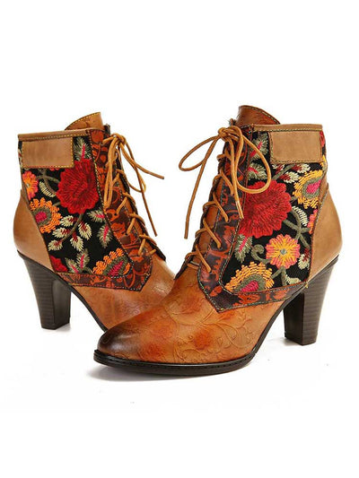 Leather Embossed Embroidery Ankle Boots