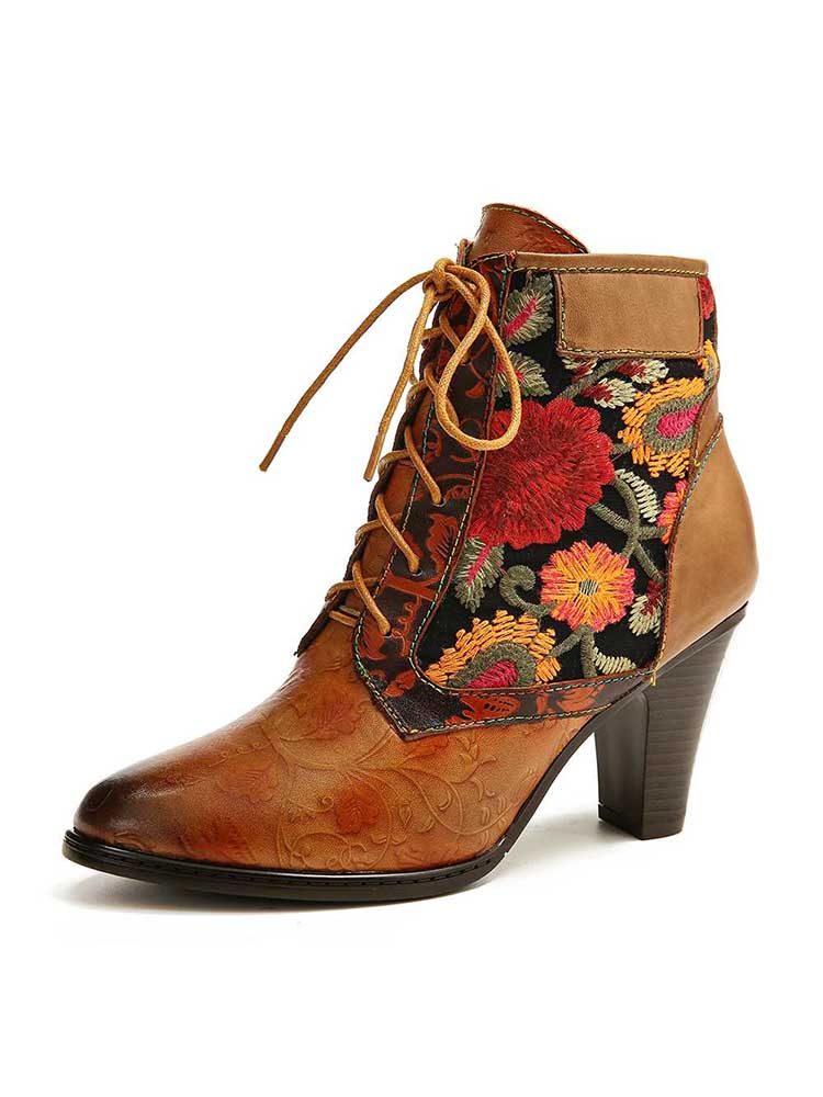 Leather Embossed Embroidery Ankle Boots