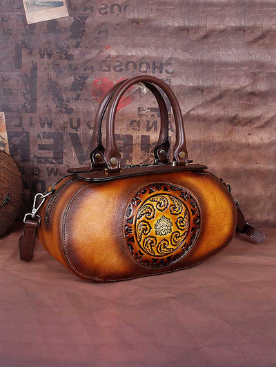 Vintage Embossed Leather Handmade Oval Handbag Messenger Bag