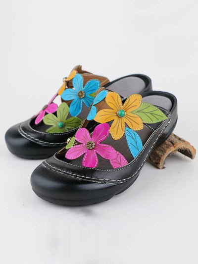 Zapatillas de flores de verano, zapatos de mujer de cuero genuino, sandalias informales para mujer