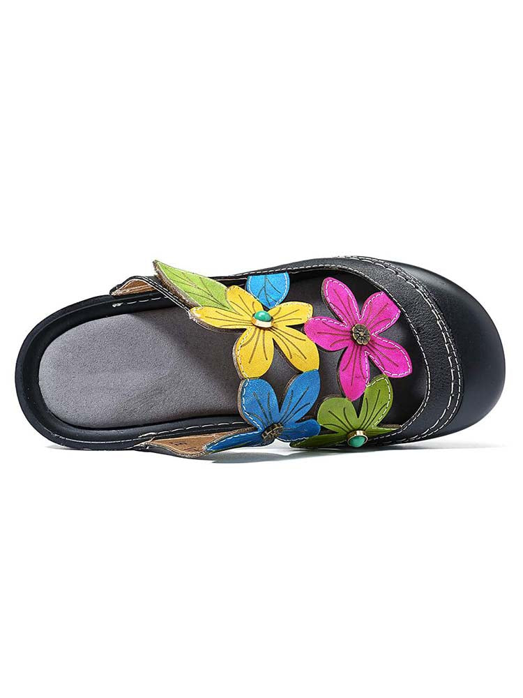 Zapatillas de flores de verano, zapatos de mujer de cuero genuino, sandalias informales para mujer
