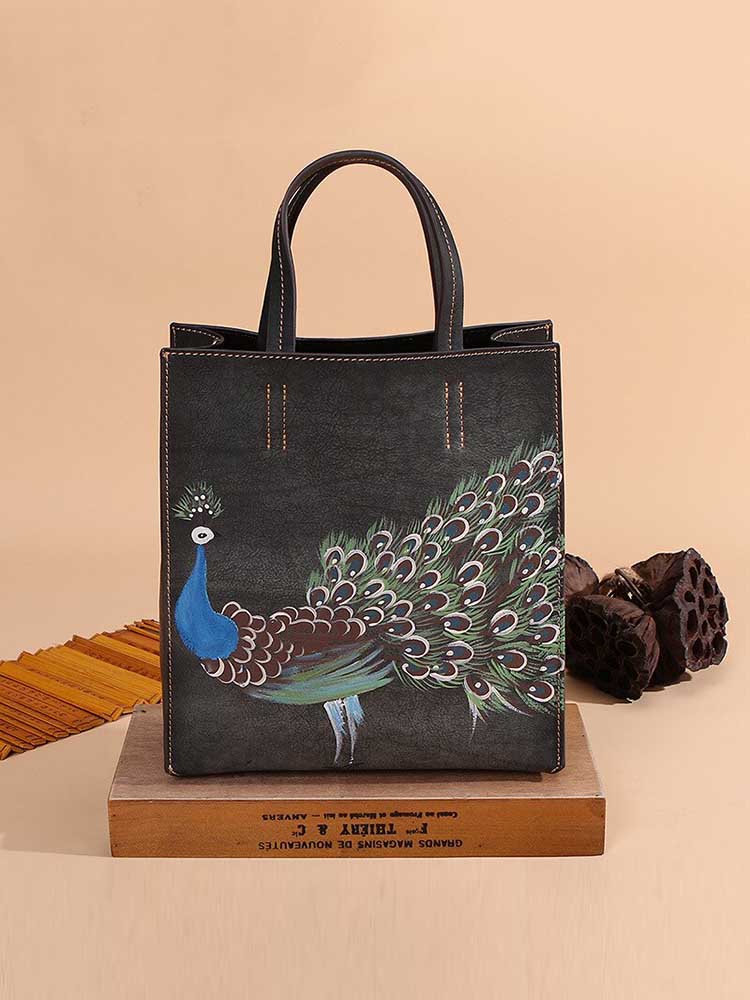 Bolso casual de cuero genuino Estampados de animales vintage Bolsos de mujer de pavo real pintados a mano versátiles