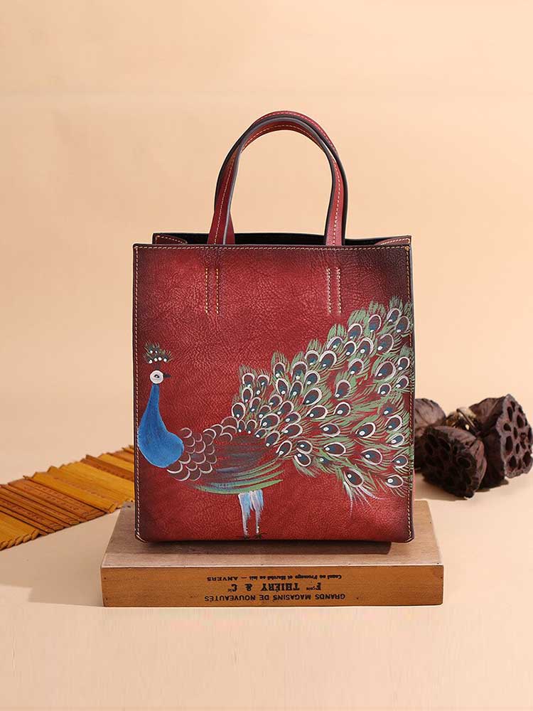 Genuine Leather Casual Tote Vintage Animal Prints Versatile Hand Painted Peacock Women Handbags