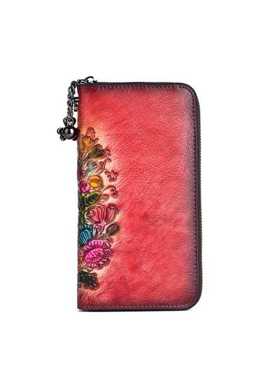 Hand Painted Women Wallets Card Holder Long Zipper Cowhide Phone Purse