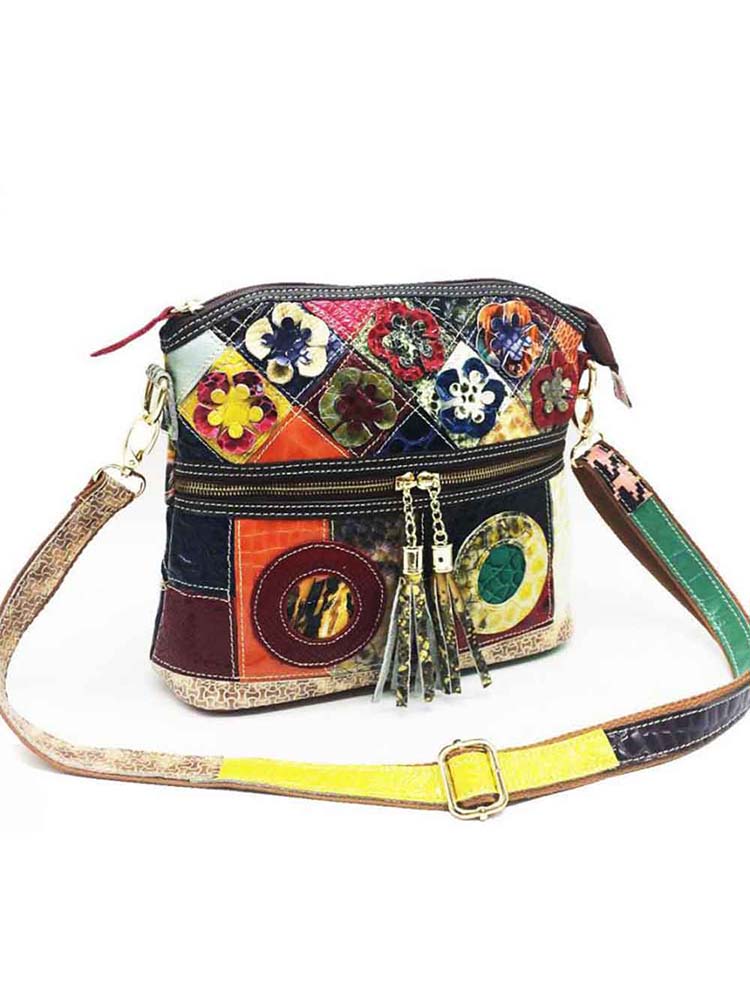 Cow Leather Splicing Retro Women Shoulder Bags Multicolor Flower Crossbody Bags