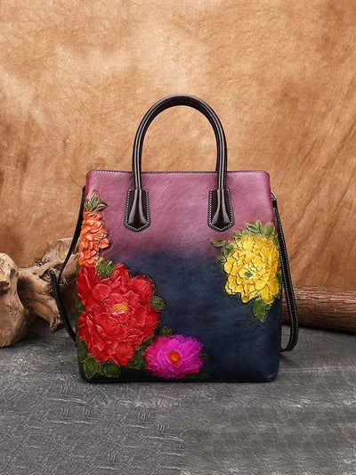 Retro Embossed Women Bucket Bag Handmade Floral Leather Handbag Large Capacity Shoulder Bags