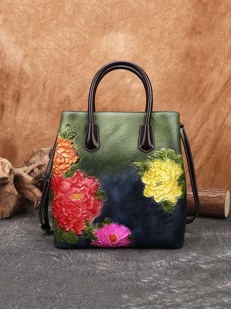 Bolso de cubo de mujer en relieve retro Bolso de cuero floral hecho a mano Bolsos de hombro de gran capacidad