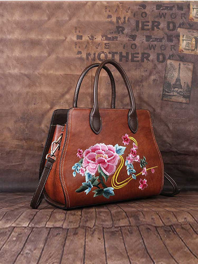 Women Bag First Layer Cowhide Luxury Handbag Casual Tote Handmade Embroidery Shoulder Bags