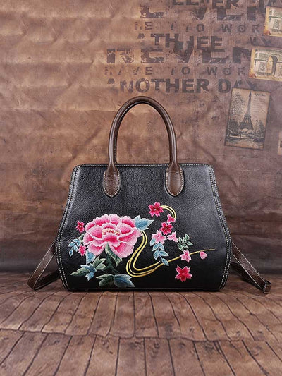 Women Bag First Layer Cowhide Luxury Handbag Casual Tote Handmade Embroidery Shoulder Bags