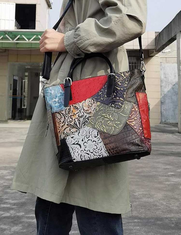 Genuine Leather Tote Bag Cowhide Random Color Splicing Women Handbag