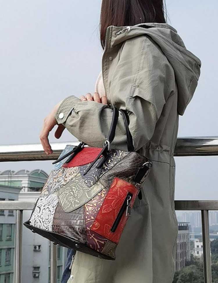Genuine Leather Tote Bag Cowhide Random Color Splicing Women Handbag